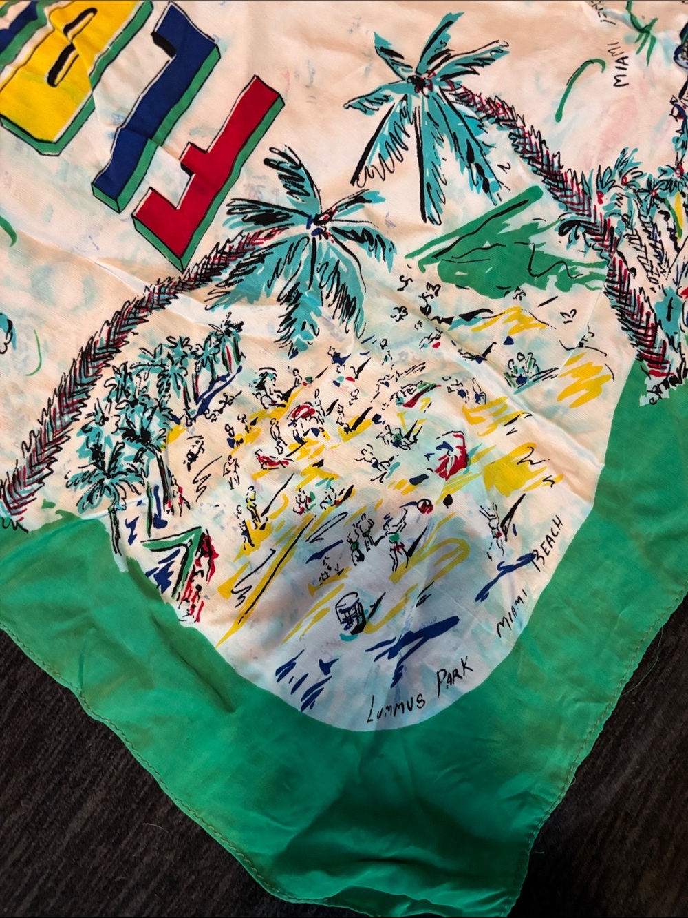 Vintage Delta Air Lines Florida Print Green Border Silk Scarf - Picture 12 of 17